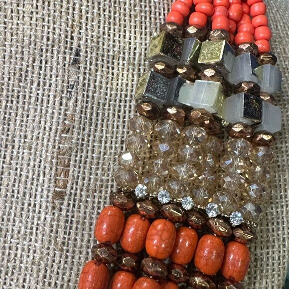Multi Strand Browns Oranges Beads & Crystals Beautiful Necklace - Picture 2 of 4